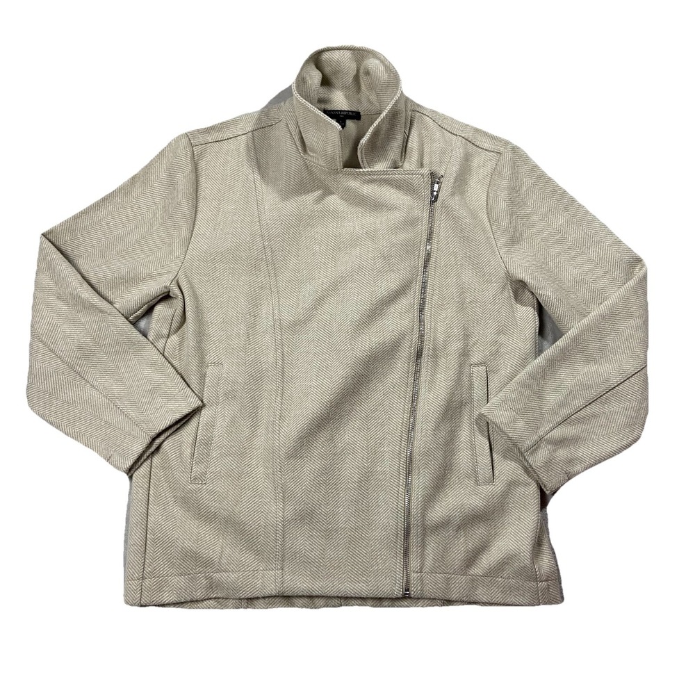 Banana Republic Beige Herringbone Moto Jacket Mid-weight Classic Preppy Womens L - Picture 1 of 8